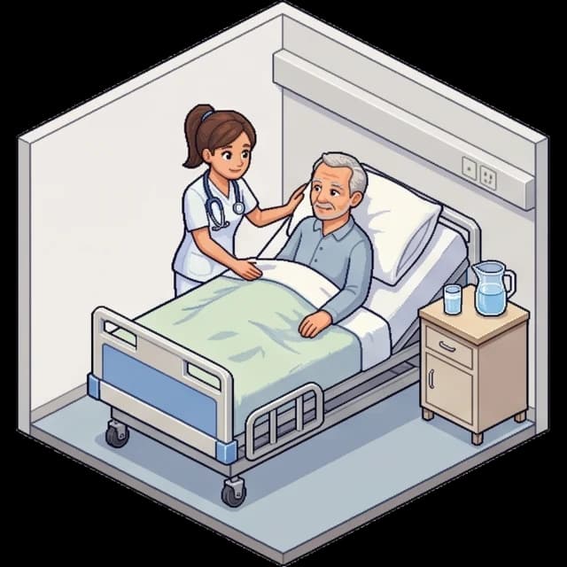 Spielszene Pflege: Patientenzimmer mit Pflegekraft am Bett